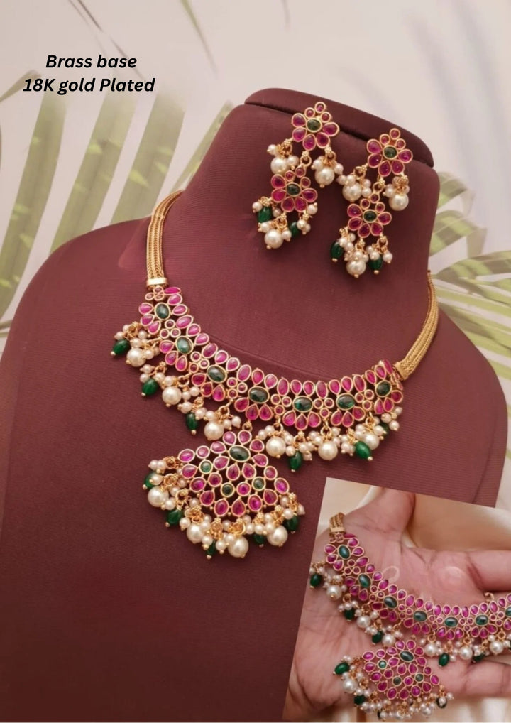 Kundan & Beads Kemp Stone Brass Base Gold Plated Necklace With Earrings g 101800