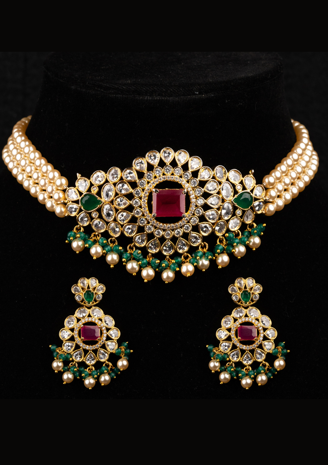 Kundan & Beads Brass Base Gold Plated Necklace With Earrings s 220081