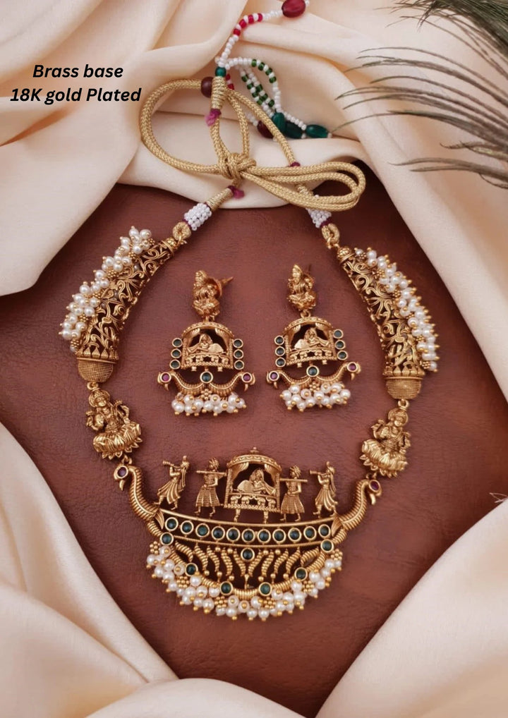 Kundan & Beads Brass Base Gold Plated Temple Necklace With Earrings g 102050