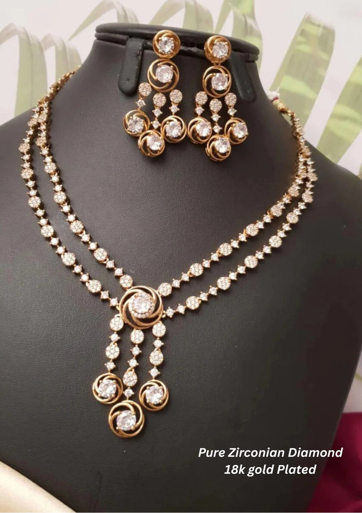 Pure Zirconian Gold PlatedDiamond Stone Necklace With Earrings g 101150