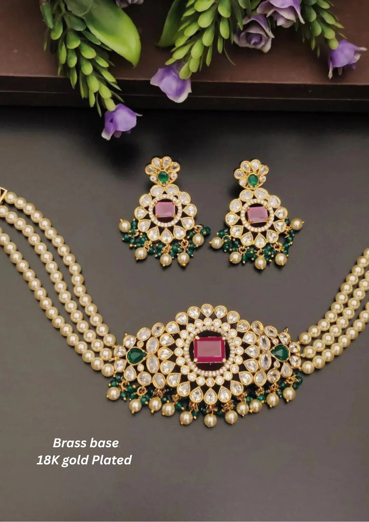 Kundan & Beads Brass Base Gold Plated Necklace With Earrings s 220081