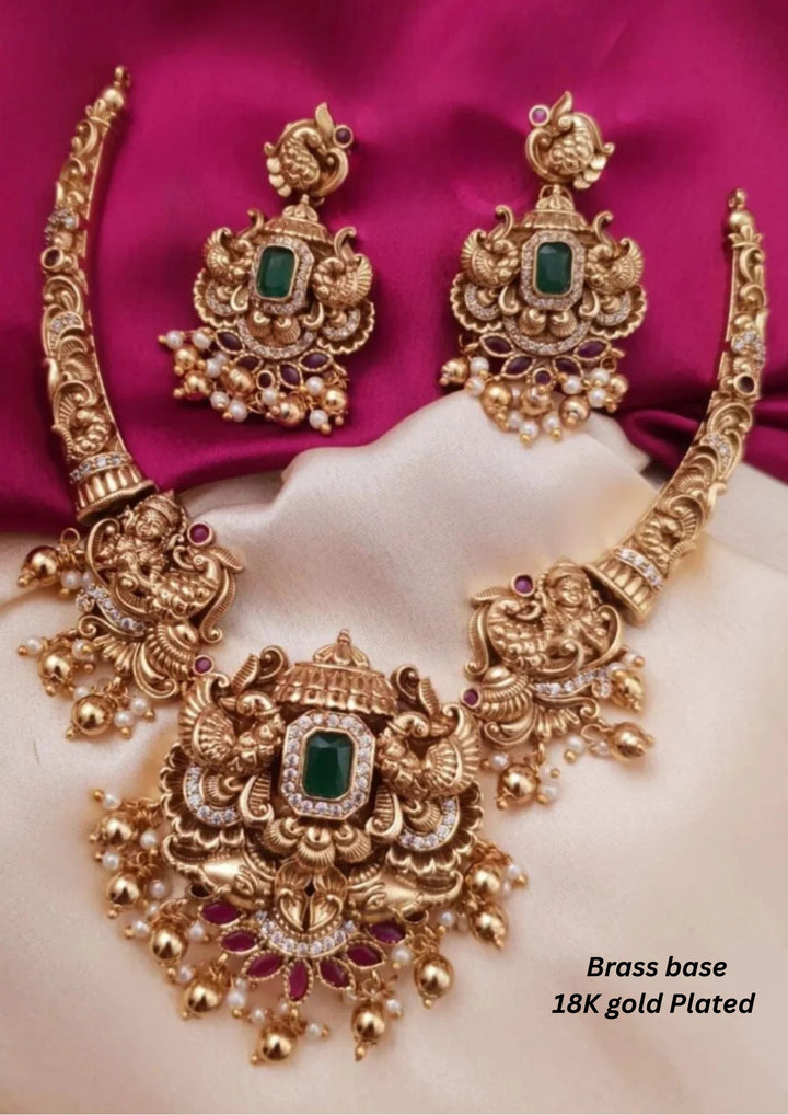 Kundan & Beads Brass Base Gold Plated Temple Necklace With Earrings g 101660