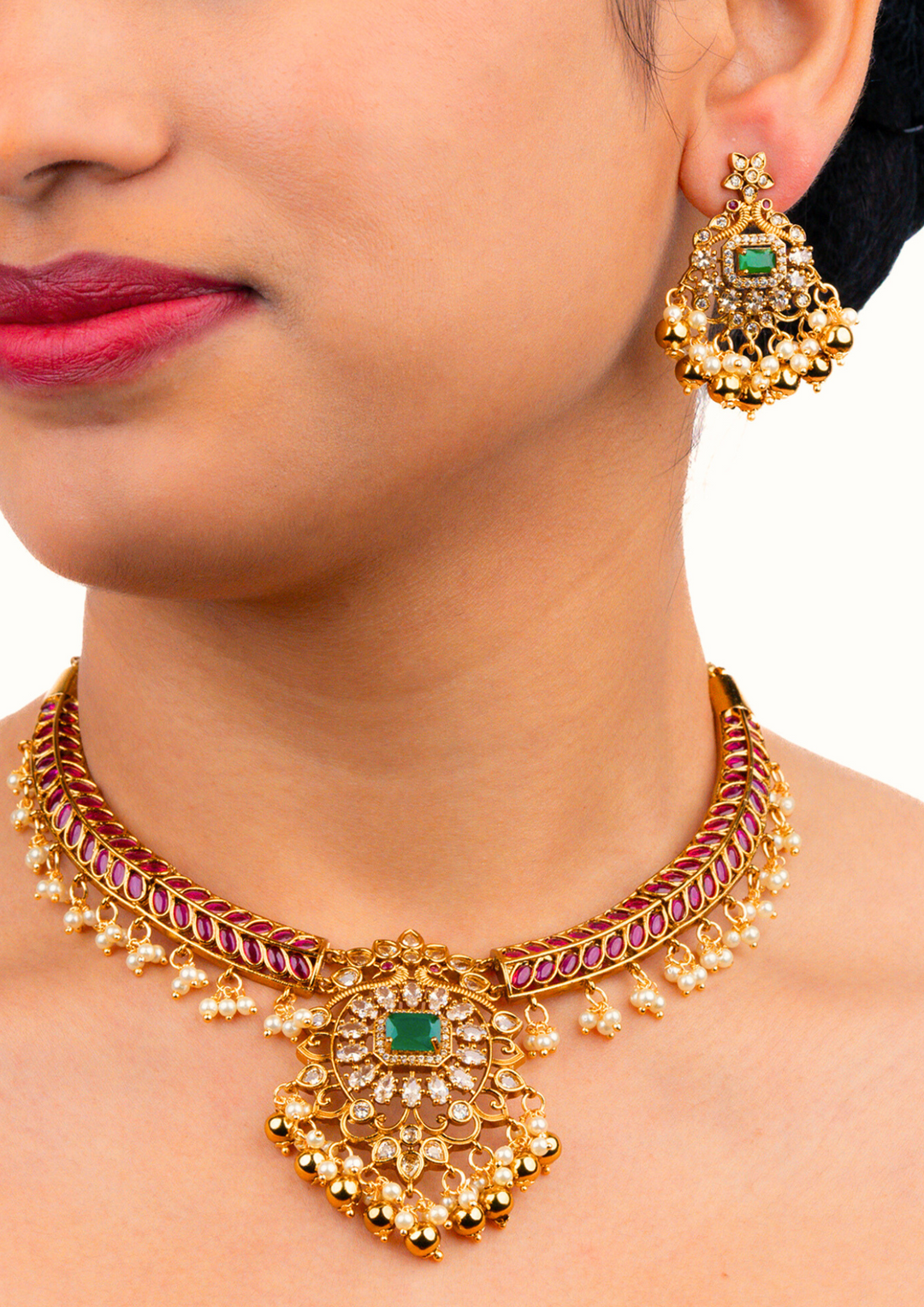 Kundan & Beads Brass Base Gold Plated Matt Finish Necklace With Earrings c 1016020
