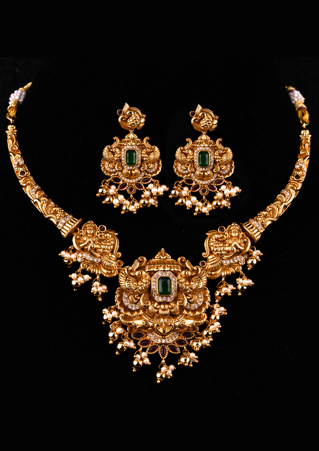 Kundan & Beads Brass Base Gold Plated Temple Necklace With Earrings g 101660