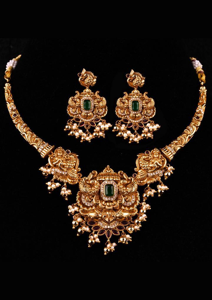 Kundan & Beads Brass Base Gold Plated Temple Necklace With Earrings g 101660