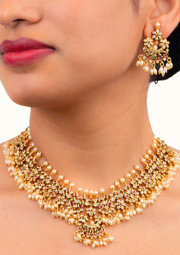 Kundan and beads matt finish Brass Base Gold Plated necklace set with earrings c 1015020