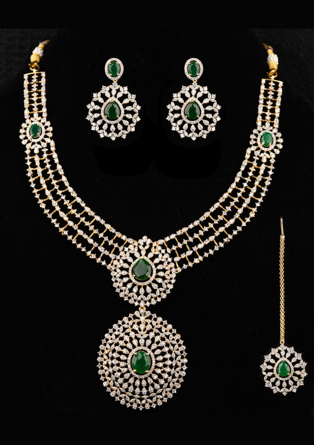 Pure Zirconian Diamond Gold Plated Necklace With Earrings And Mangtikka g 102250