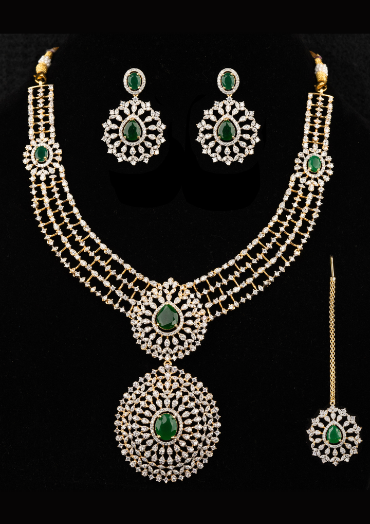 Pure Zirconian Diamond Gold Plated Necklace With Earrings And Mangtikka g 102250