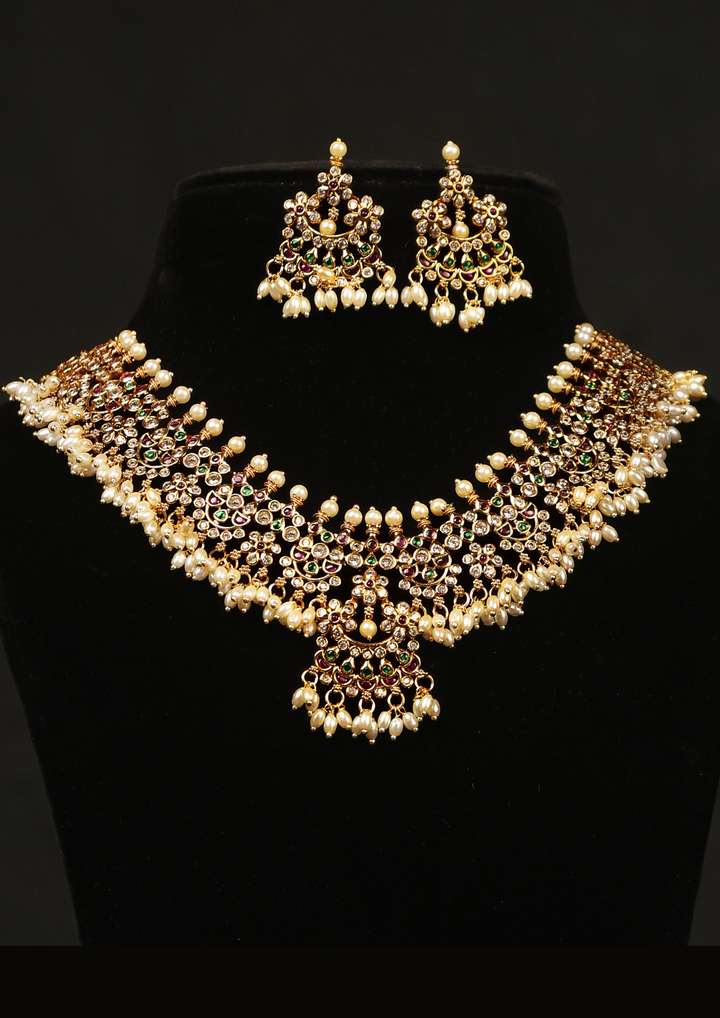 Kundan and beads matt finish Brass Base Gold Plated necklace set with earrings c 1015020
