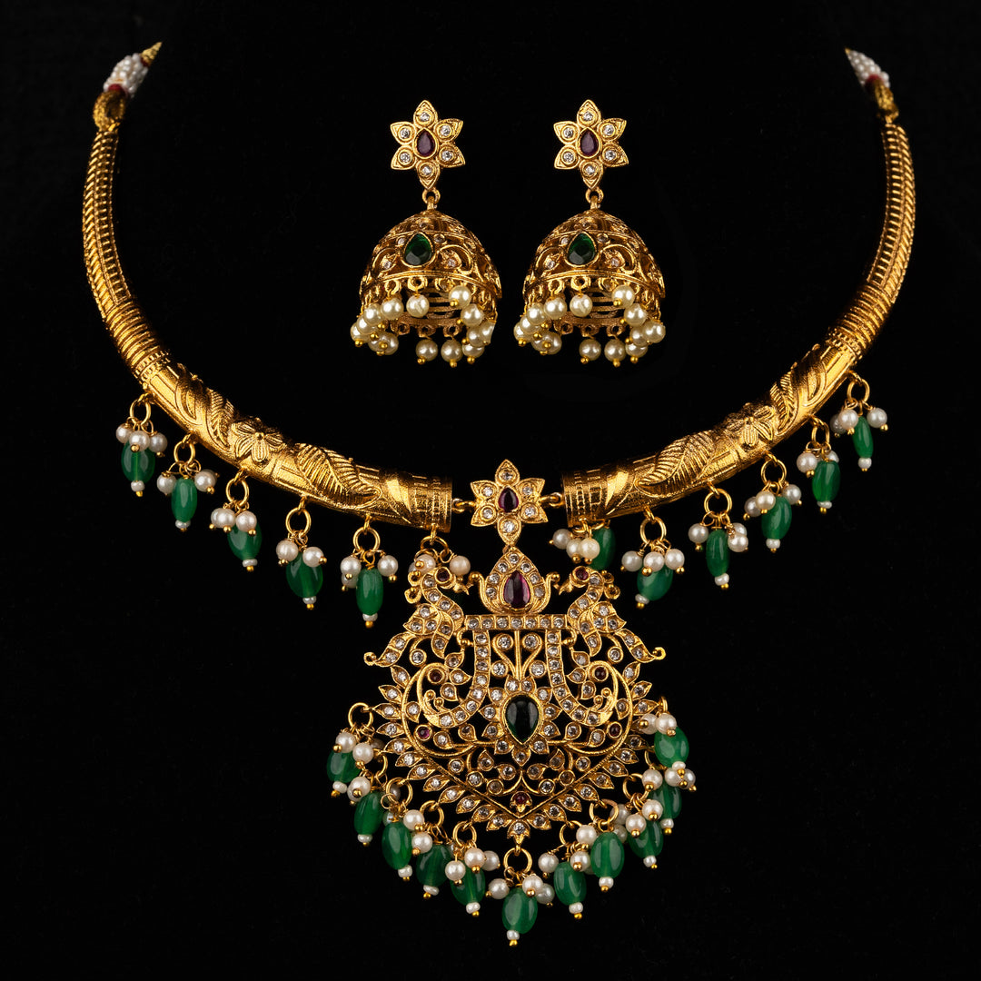 Kundan & Beads Brass Base Gold Plated Necklace With Earrings s 190051
