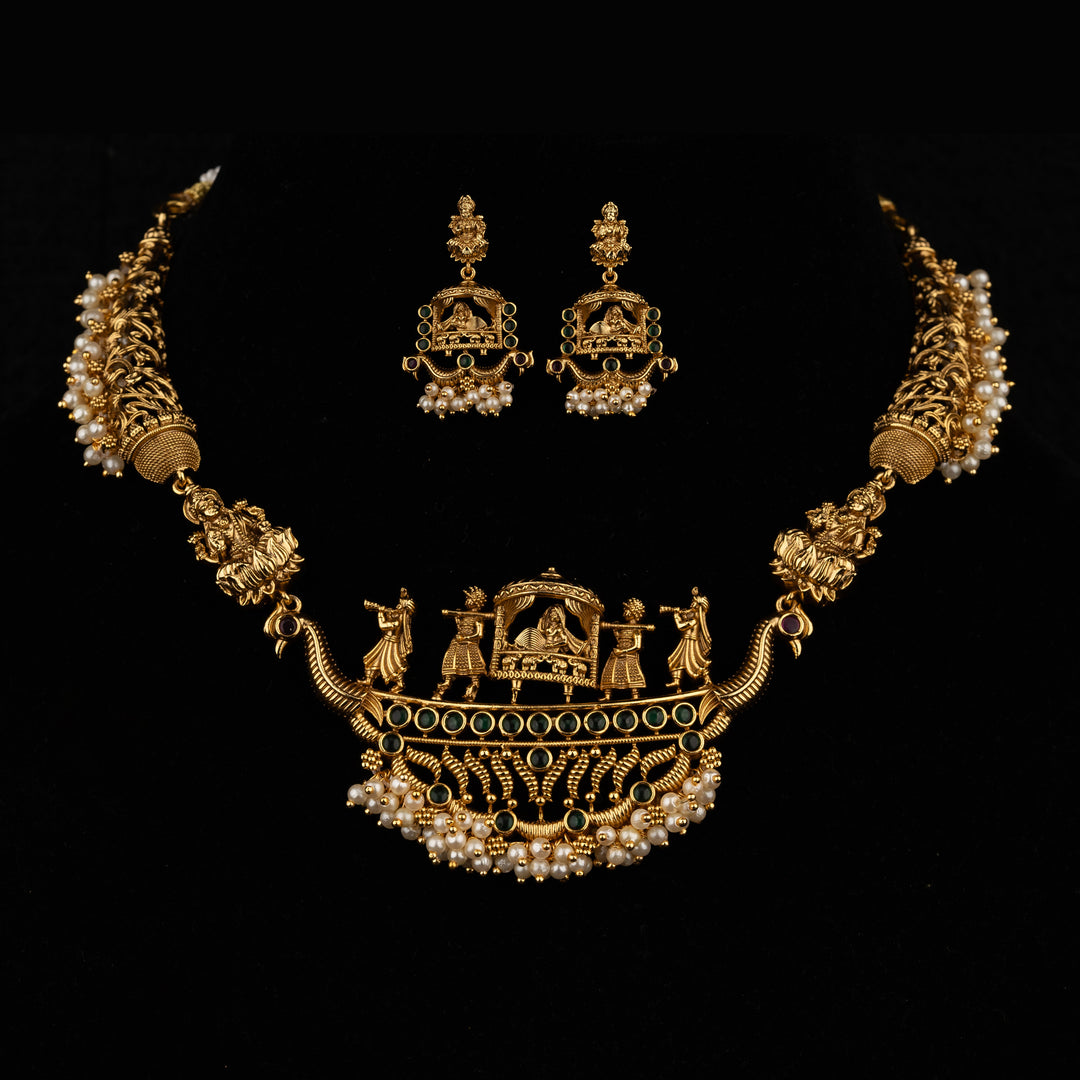 Kundan & Beads Brass Base Gold Plated Temple Necklace With Earrings g 102050