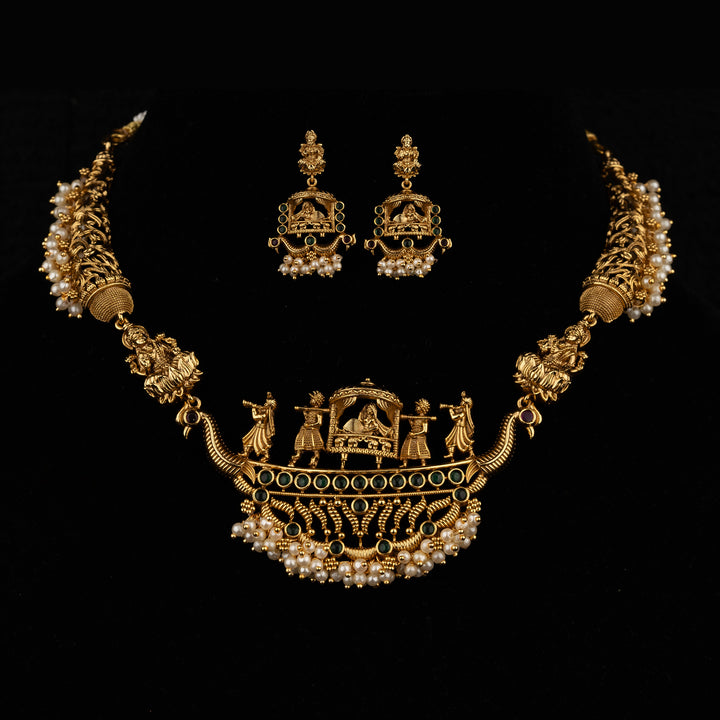 Kundan & Beads Brass Base Gold Plated Temple Necklace With Earrings g 102050