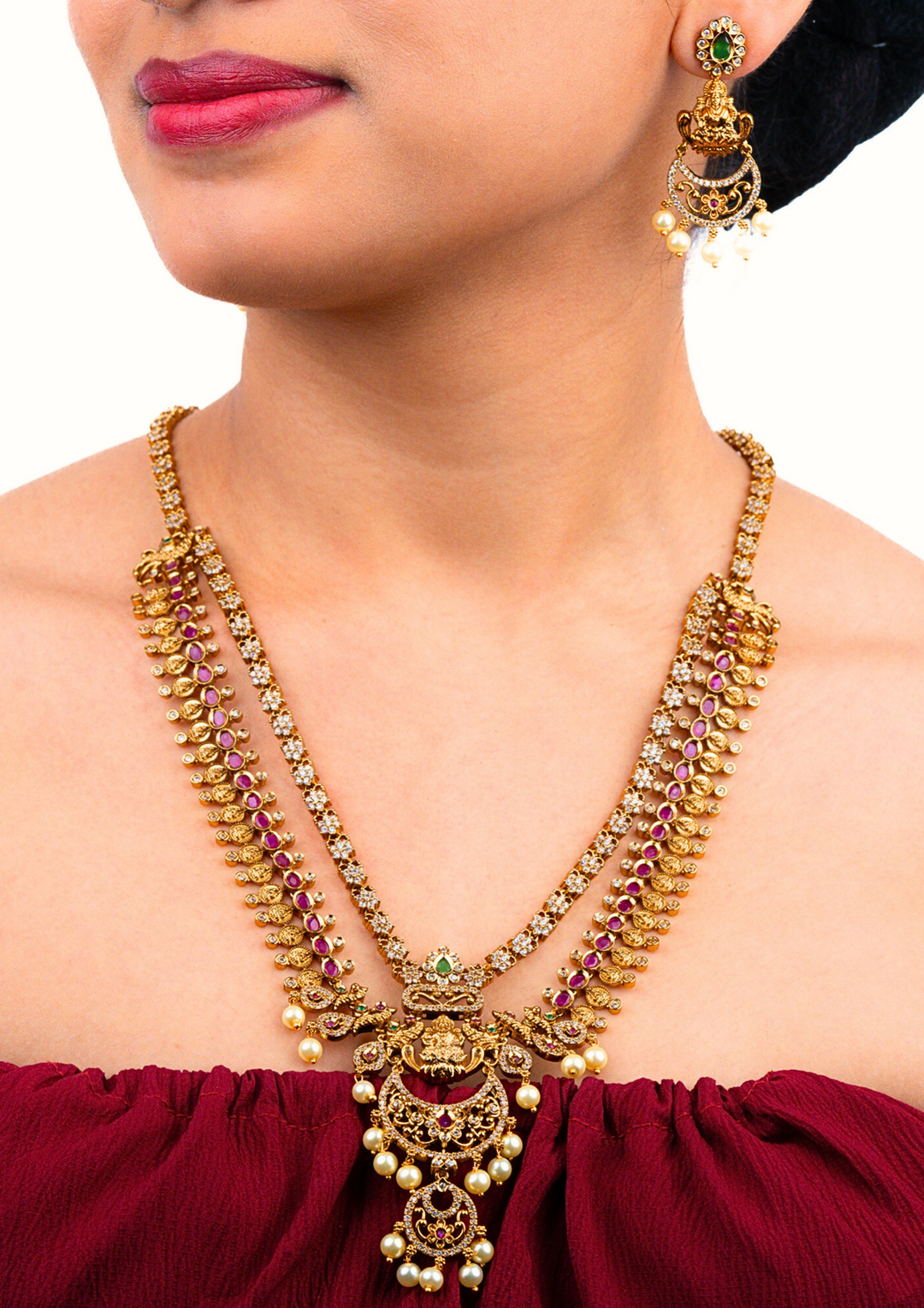 Kundan & Beads Brass Base Gold Plated Temple Necklace With Earrings c 1018020