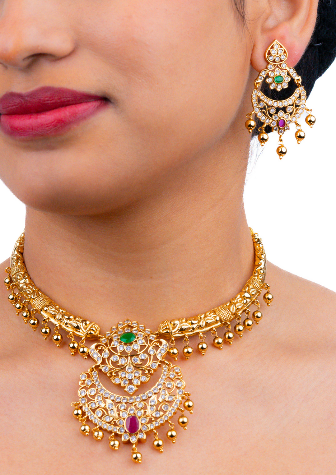 Kundan & Beads Antique Finish Brass Base Gold Plated Necklace With Earrings g 101850