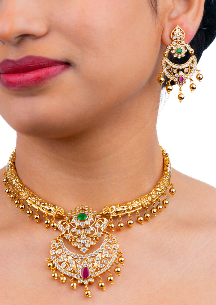 Kundan & Beads Antique Finish Brass Base Gold Plated Necklace With Earrings g 101850