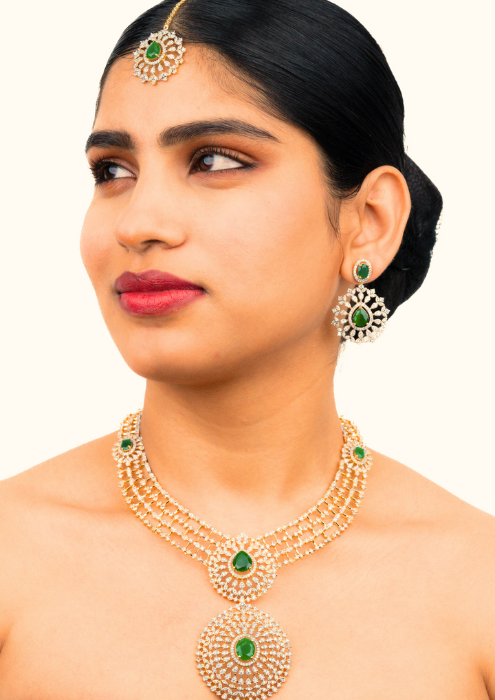 Pure Zirconian Diamond Gold Plated Necklace With Earrings And Mangtikka g 102250