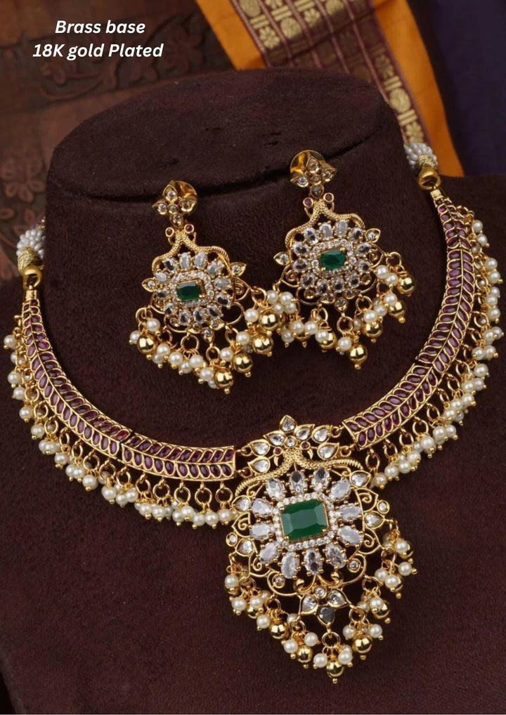 Kundan & Beads Brass Base Gold Plated Matt Finish Necklace With Earrings c 1016020