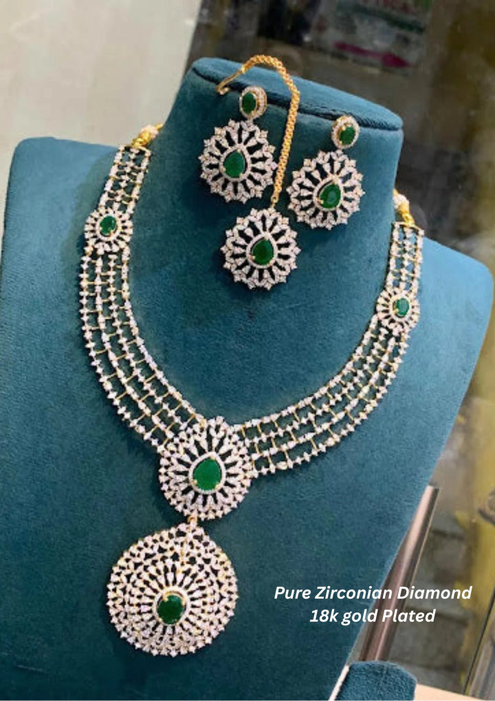 Pure Zirconian Diamond Gold Plated Necklace With Earrings And Mangtikka g 102250