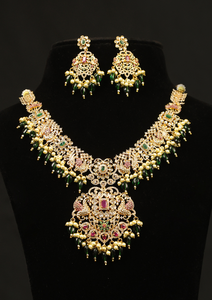 Kundan and beads Brass Base Gold Plated necklace with earrings g 101699