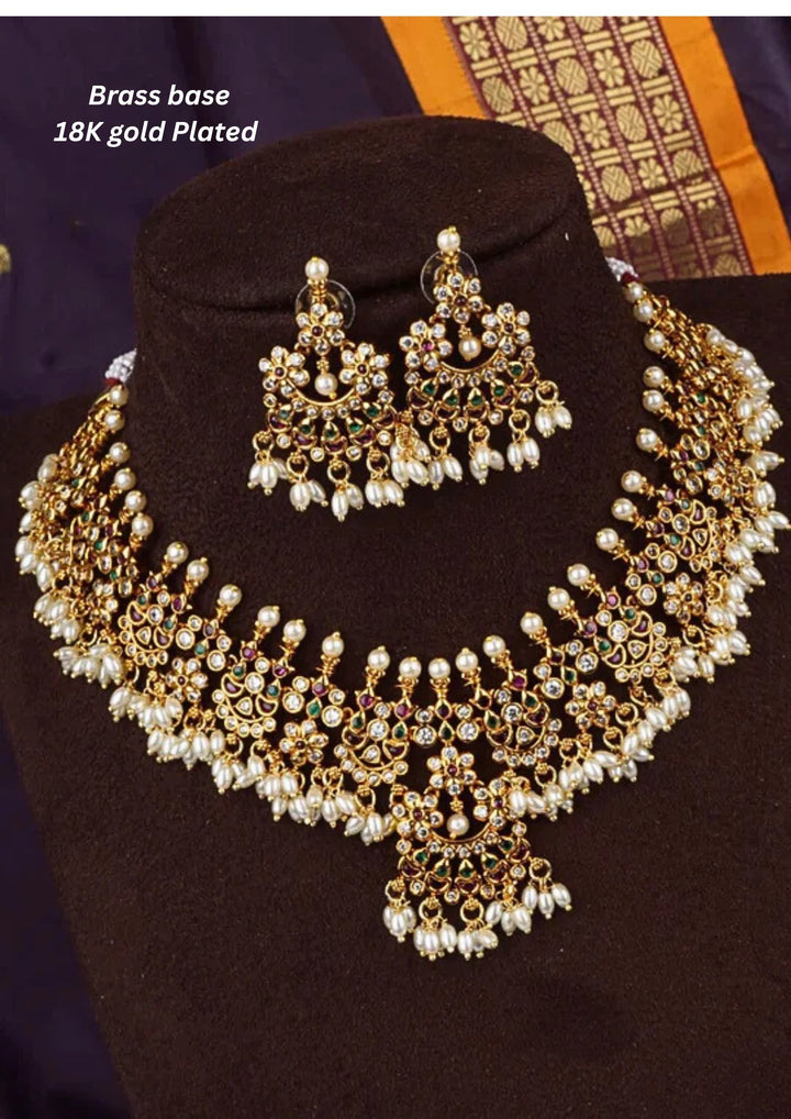 Kundan and beads matt finish Brass Base Gold Plated necklace set with earrings c 1015020