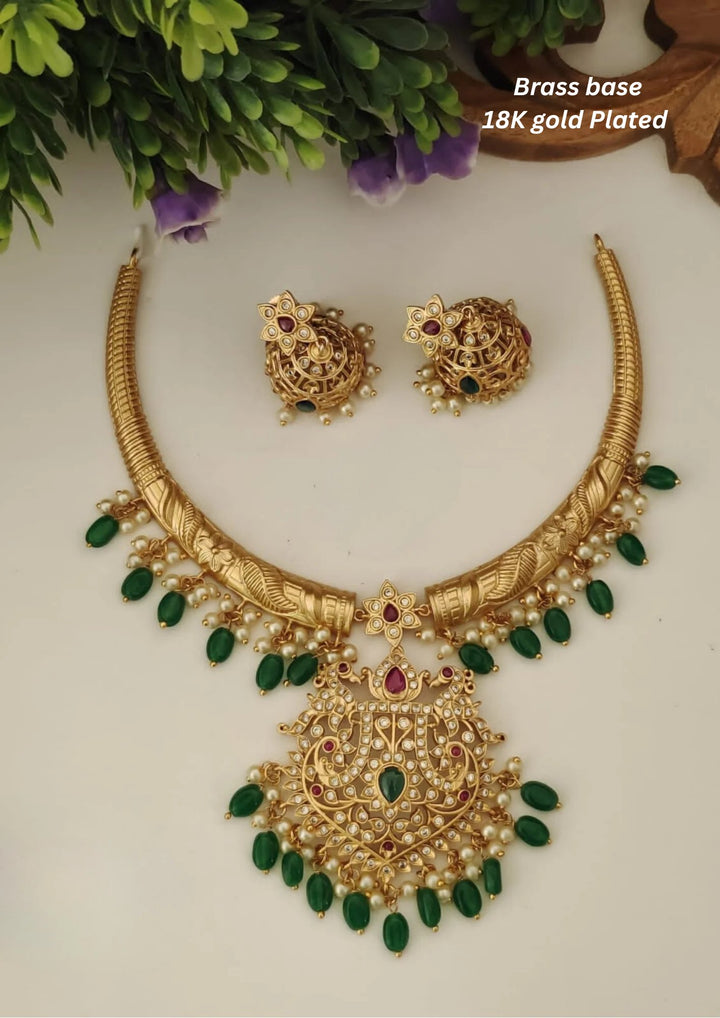 Kundan & Beads Brass Base Gold Plated Necklace With Earrings s 190051