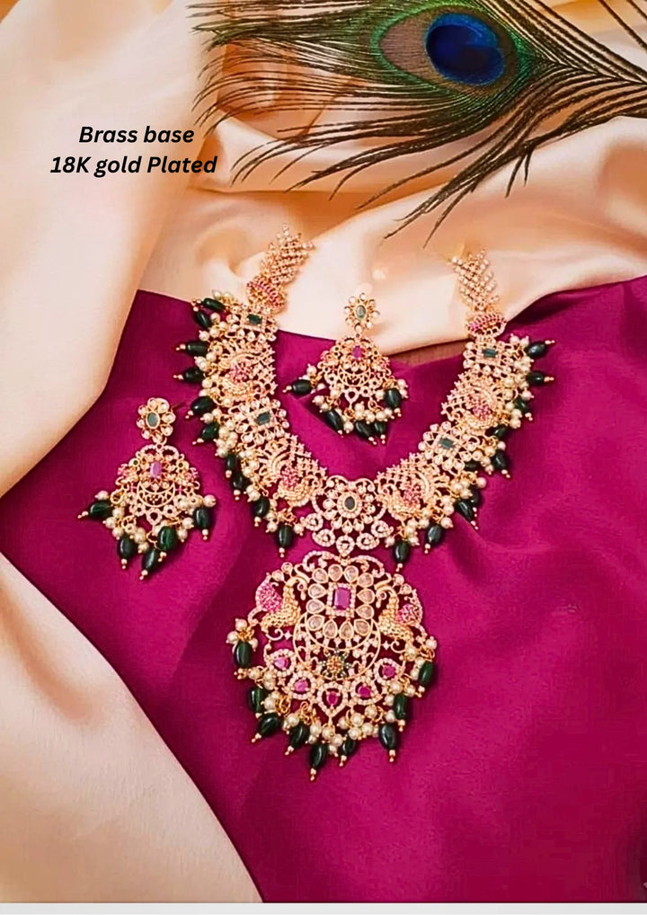Kundan and beads Brass Base Gold Plated necklace with earrings g 101699