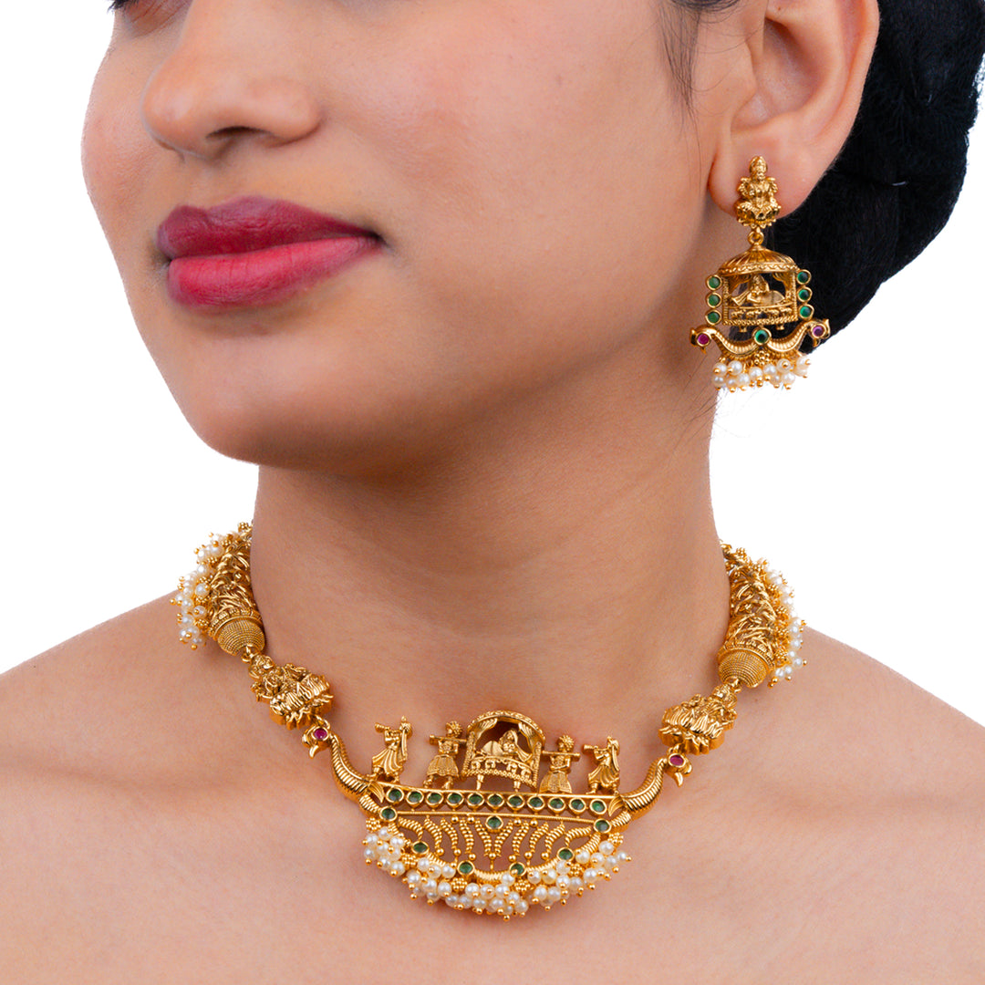 Kundan & Beads Brass Base Gold Plated Temple Necklace With Earrings g 102050