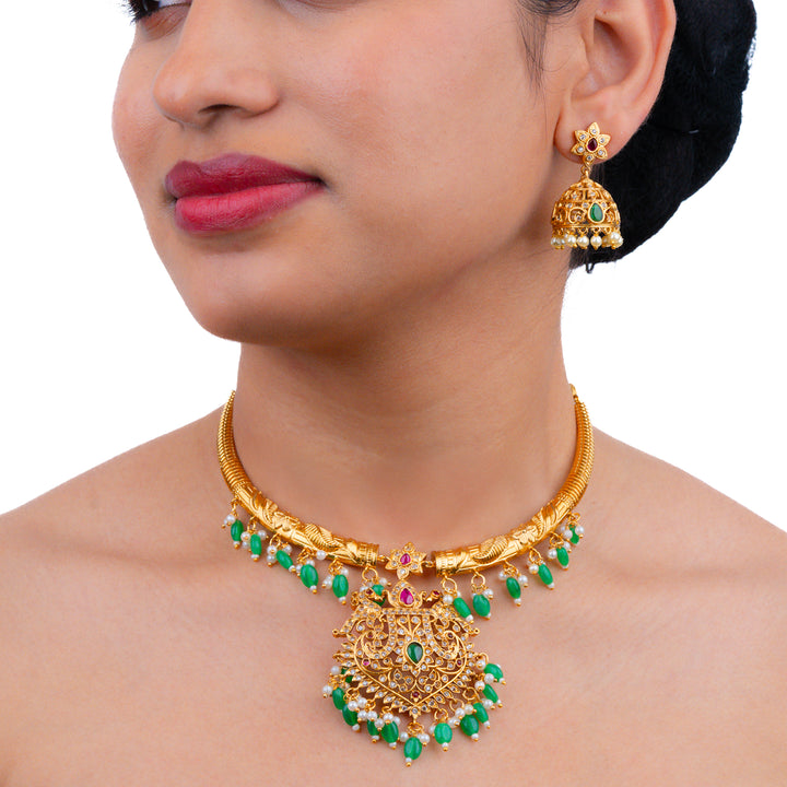 Kundan & Beads Brass Base Gold Plated Necklace With Earrings s 190051