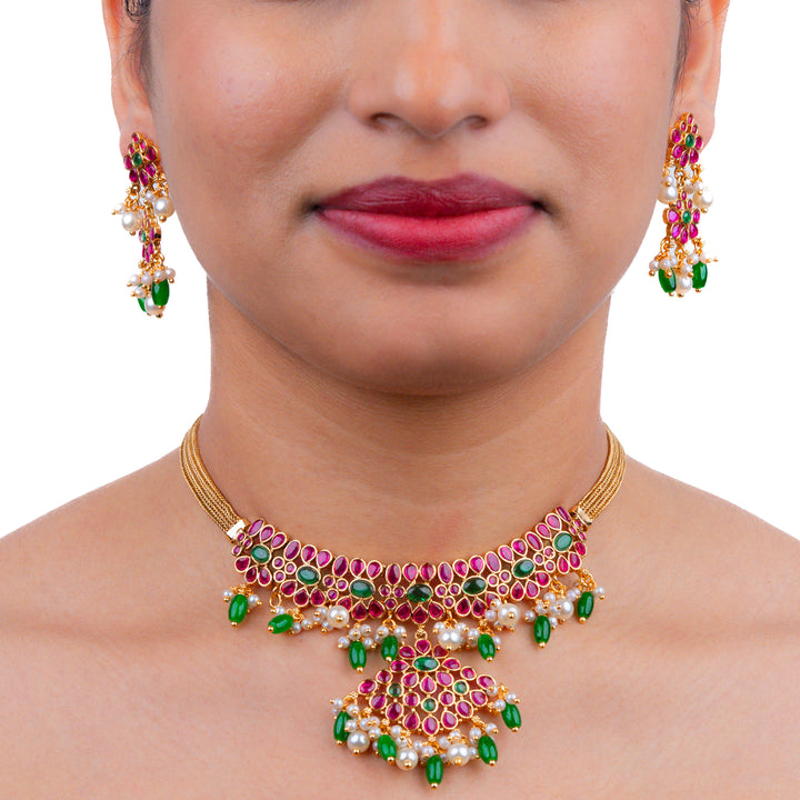 Kundan & Beads Kemp Stone Brass Base Gold Plated Necklace With Earrings g 101800