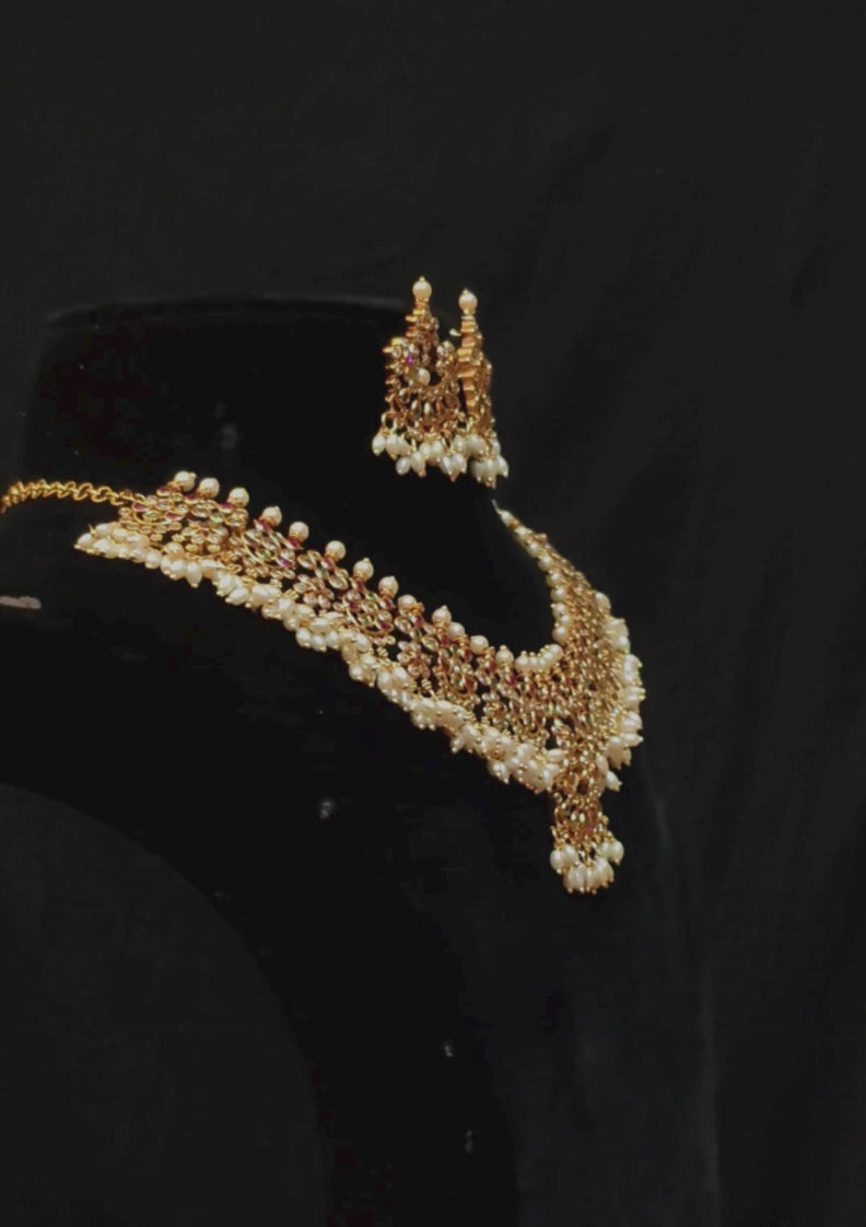 Kundan and beads matt finish Brass Base Gold Plated necklace set with earrings c 1015020