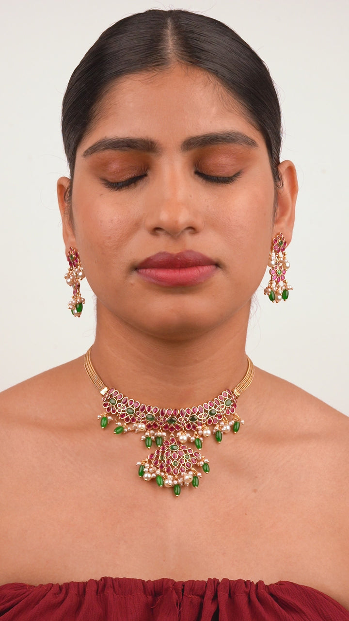 Kundan & Beads Kemp Stone Brass Base Gold Plated Necklace With Earrings g 101800