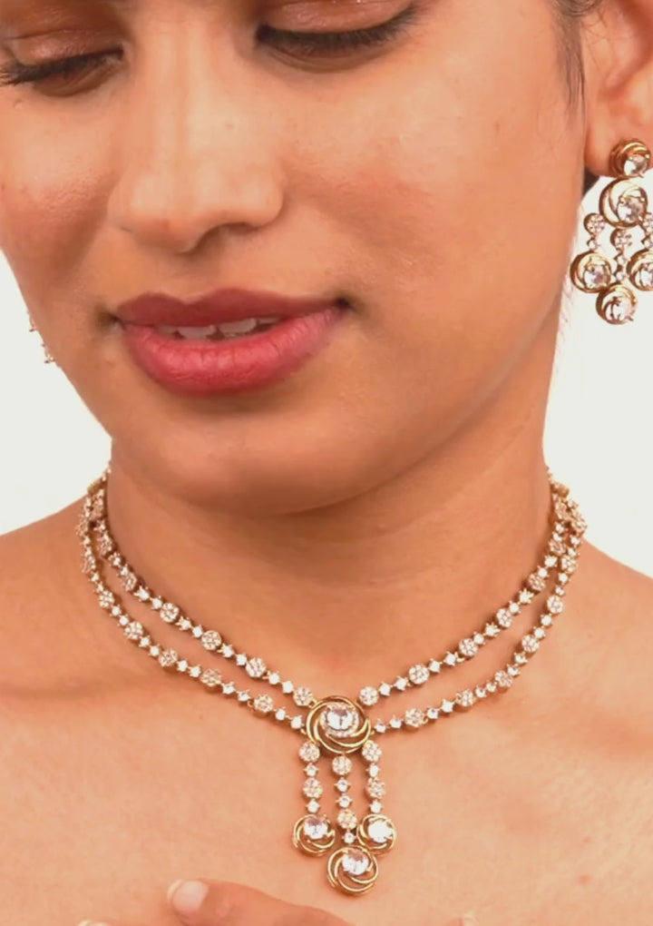 Pure Zirconian Gold PlatedDiamond Stone Necklace With Earrings g 101150