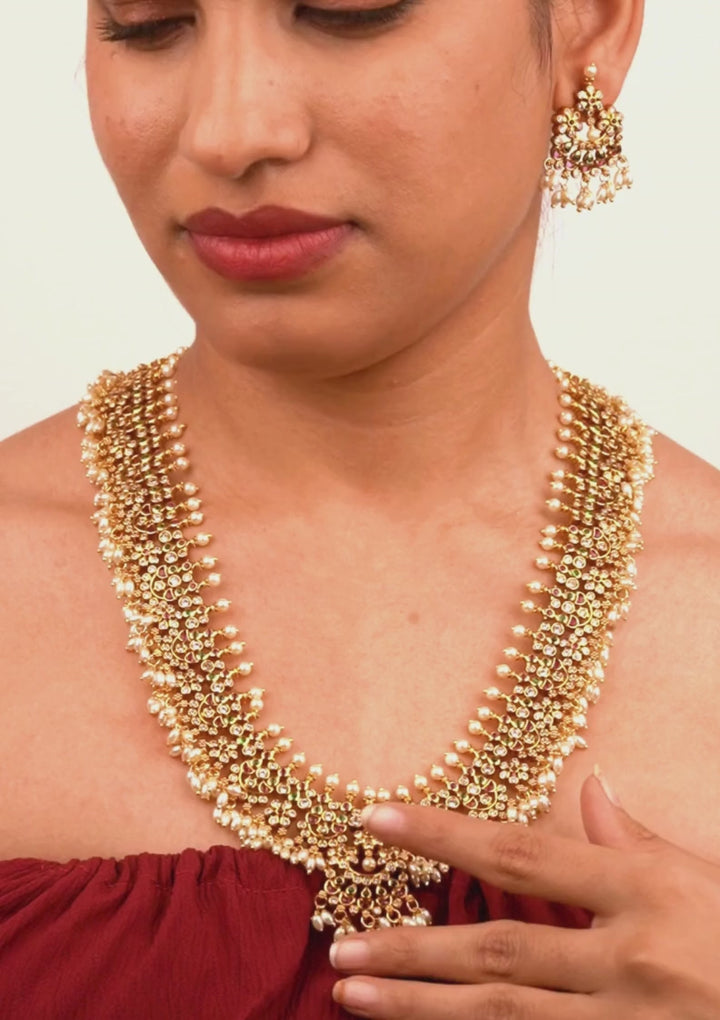 Kundan & Beads Brass Base Gold Plated Necklace With Earrings c 1025020