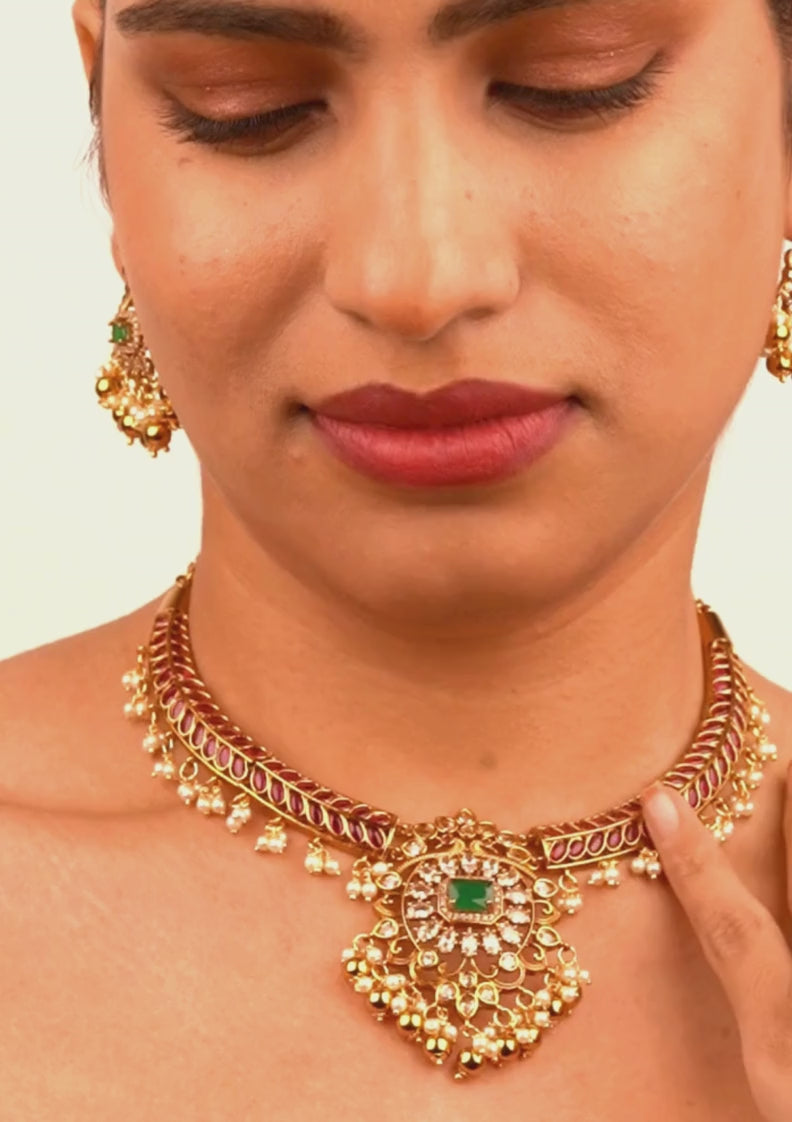 Kundan & Beads Brass Base Gold Plated Matt Finish Necklace With Earrings c 1016020