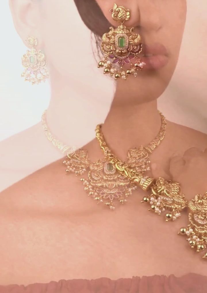 Kundan & Beads Brass Base Gold Plated Temple Necklace With Earrings g 101660