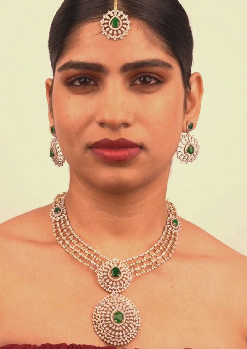 Pure Zirconian Diamond Gold Plated Necklace With Earrings And Mangtikka g 102250
