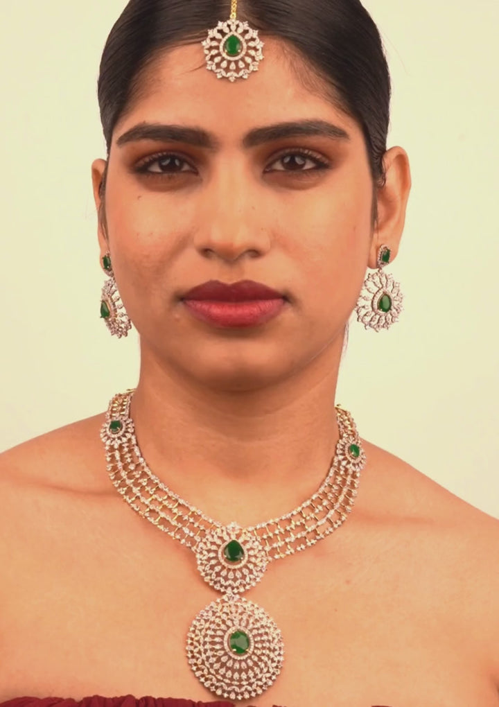 Pure Zirconian Diamond Gold Plated Necklace With Earrings And Mangtikka g 102250