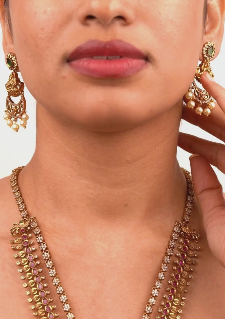 Kundan & Beads Brass Base Gold Plated Temple Necklace With Earrings c 1018020